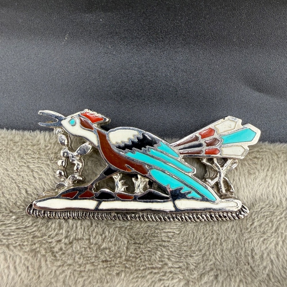 Vintage Road Runner Bolo Tie Slide Silver Tone Enamel